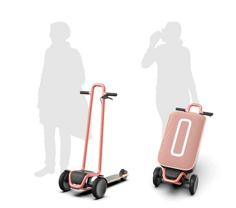uBee urban mobility solution folded as a trolley or unfolded as a cargo scooter
